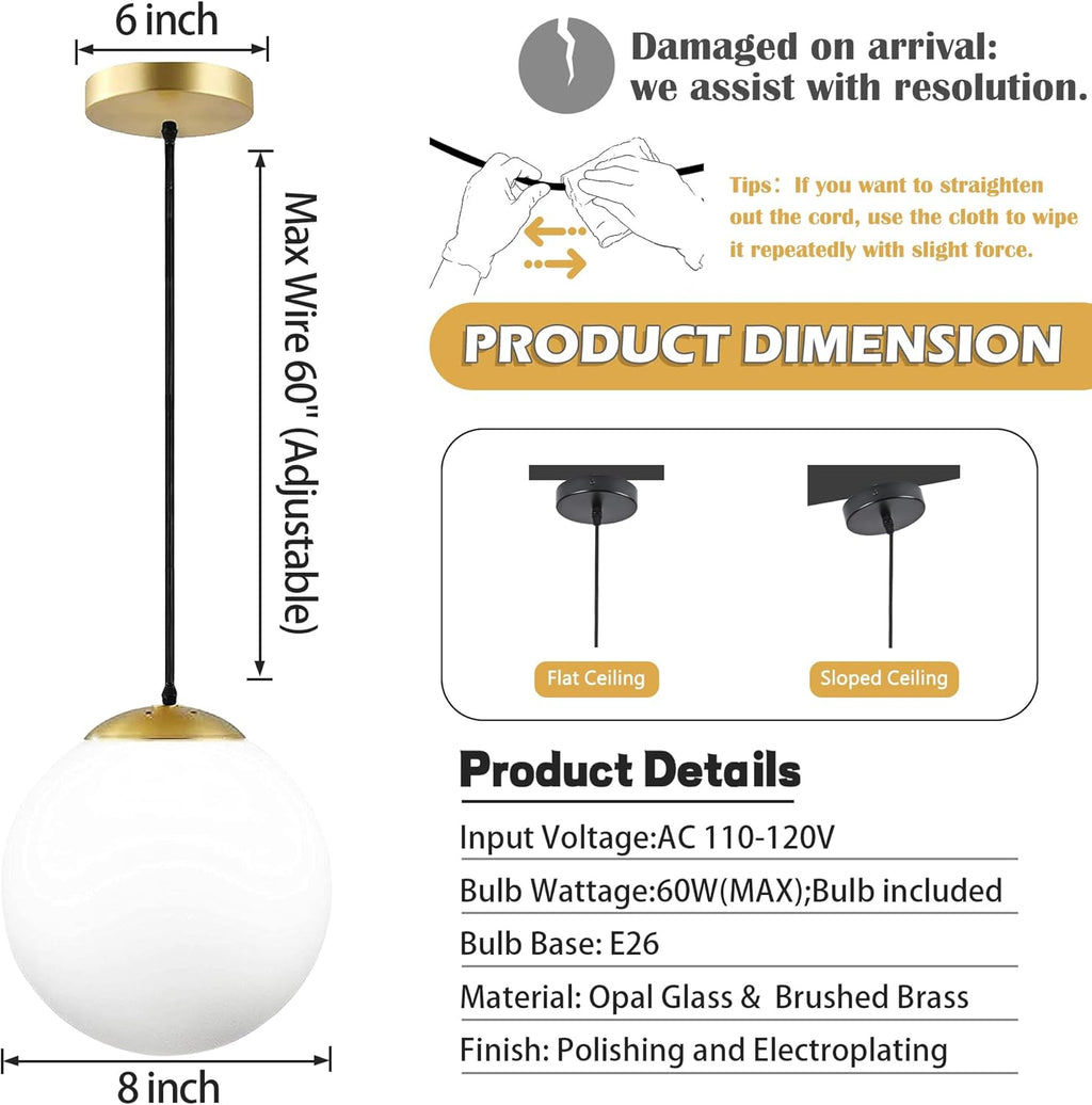 KoKo&Yukina 8 Inch Gold Modern Globe Pendant Light White Glass with Brass Finish Contemporary Mid Century Adjustable Hanging Light Fixture for Living Room Bedroom Bathroom Kitchen (Bulb Incl.)