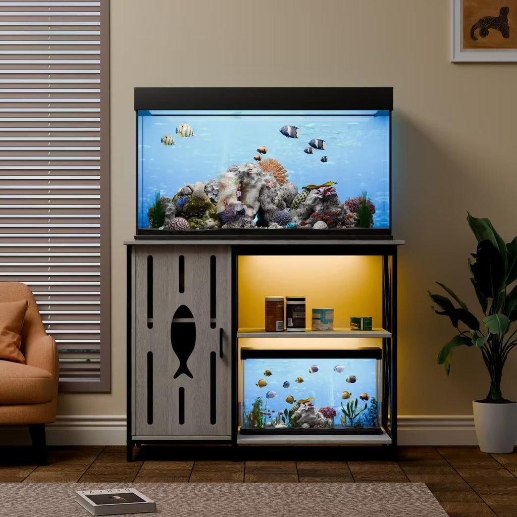 Aquarium Stand 40 Gallon,Fish Tank Stand with Cabinet Storage,Power Outlets & LED Light,Heavy Duty Aquarium Stand for Turtle Tank,Reptile Terrarium,800LBS Capacity,Grey