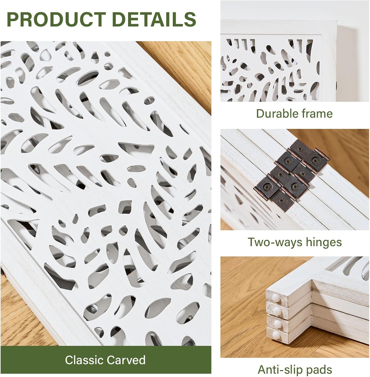 Leaf-Carved Room Divider Privacy Screen - 67 Inch Tall Foading Decorative Wood Screen Dividers Panel for Home - Natural Wood Room Partitions for Enhanced Privacy and Style White 4 Panel