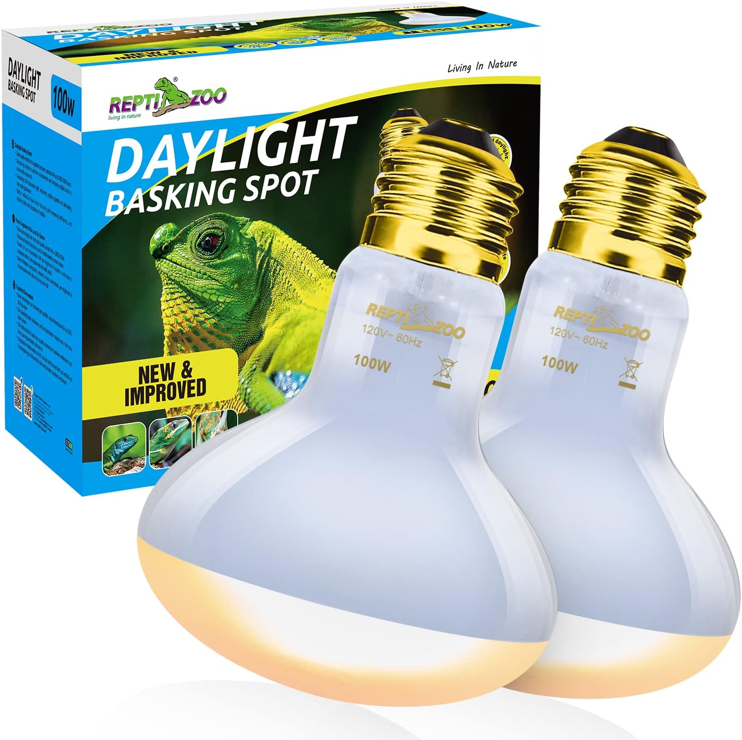 REPTI ZOO 2 Pack 100W Reptile Neodymium Daylight Basking Spot Lamp UVA Bulb Reptile Heat Lamp for Amphibian Lizard Tortoise Bearded Dragon Hedgehogs