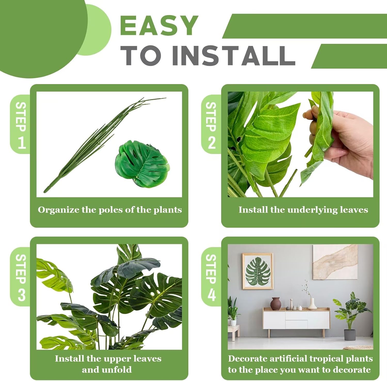 Artificial Palm Tree Leave Plants - 4PCS 28'' Tall Fake Plant Monstera Leaf Indoor Outdoor, Large Faux Floor Plant for Living Room, Bedroom Plants Decor, Bathroom Farmhouse Home House Decor
