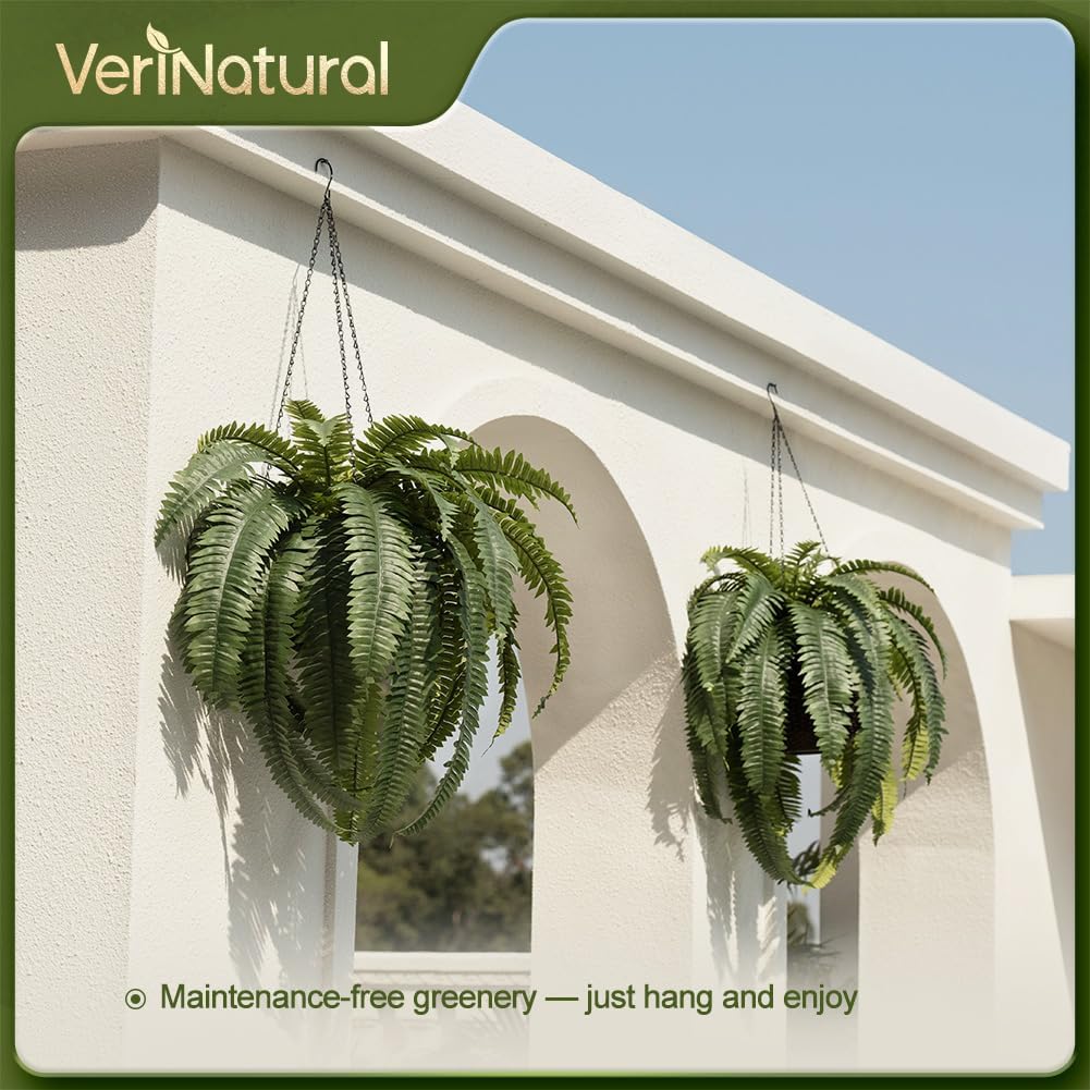 48" Artificial Boston Fern Hanging Plants with Basket - UV Resistant Fake Plant for Outdoor Indoor - Large Realistic Faux Greenery for Front Porch, Front Door, Patio Decor, Set of 2, VN142