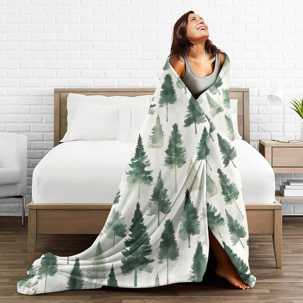 Pines Tree Pattern Throw Blanket Watercolor Green Throw Blankets Gifts for Couch Sofa Bed Stuff Cozy Plush Warm Flannel for Lover Men Women 50"x60"