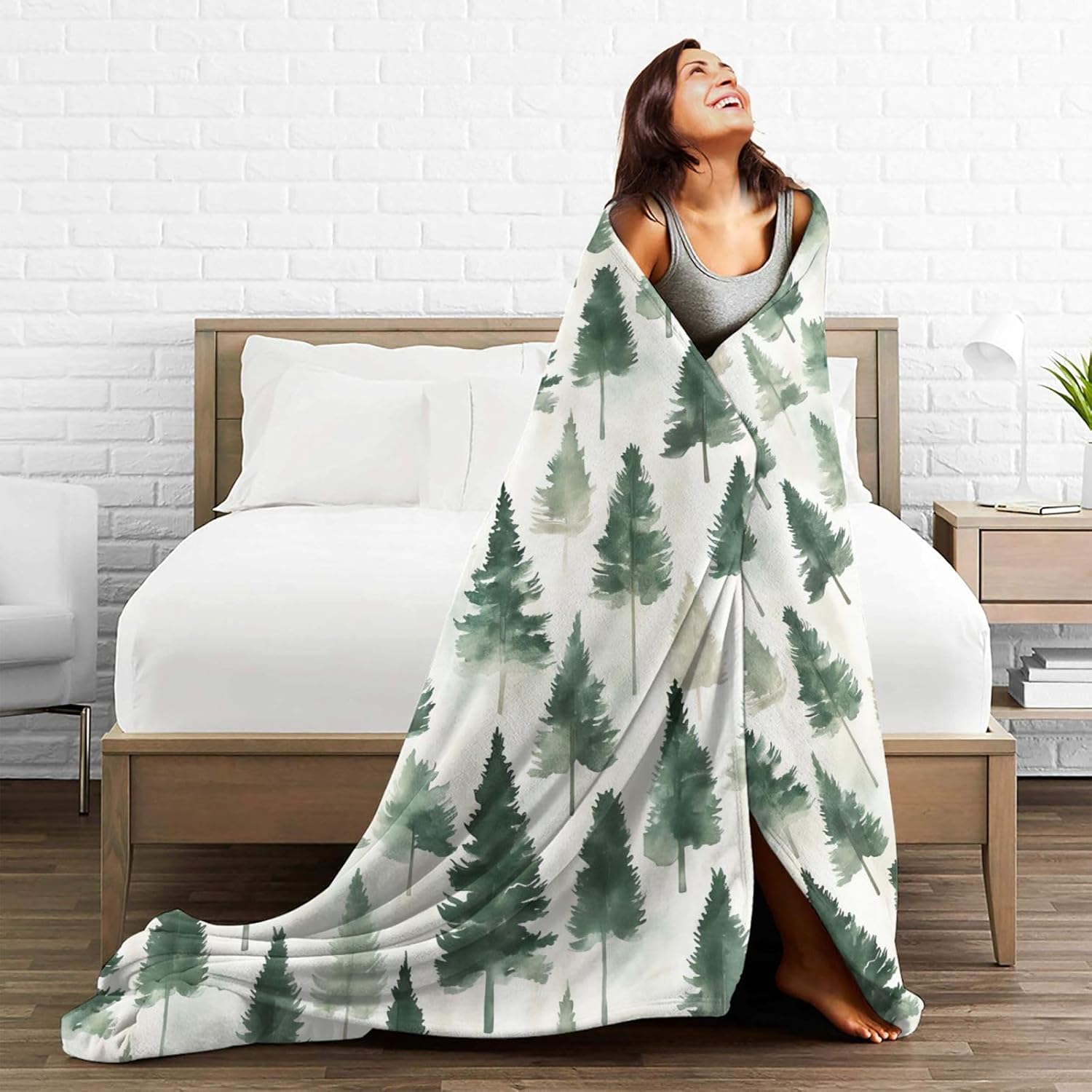 Pines Tree Pattern Throw Blanket Watercolor Green Throw Blankets Gifts for Couch Sofa Bed Stuff Cozy Plush Warm Flannel for Lover Men Women 50"x60"