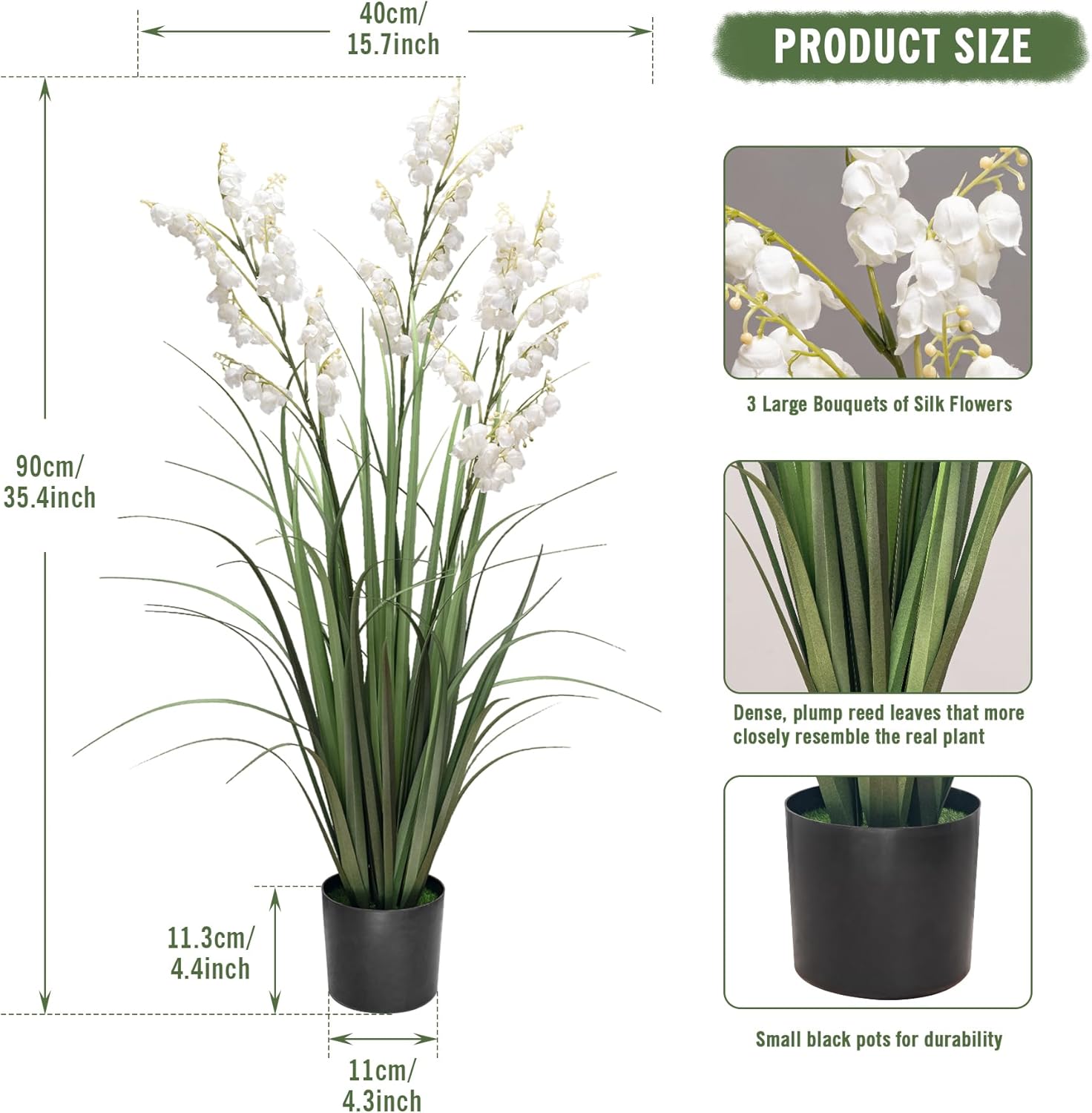 Artificial Tall Grass Plants with Pots 36" 1 Pack Lily of The Valley Artificial Grass Home Interior Decorating and Outdoor Garden Decorations(White)