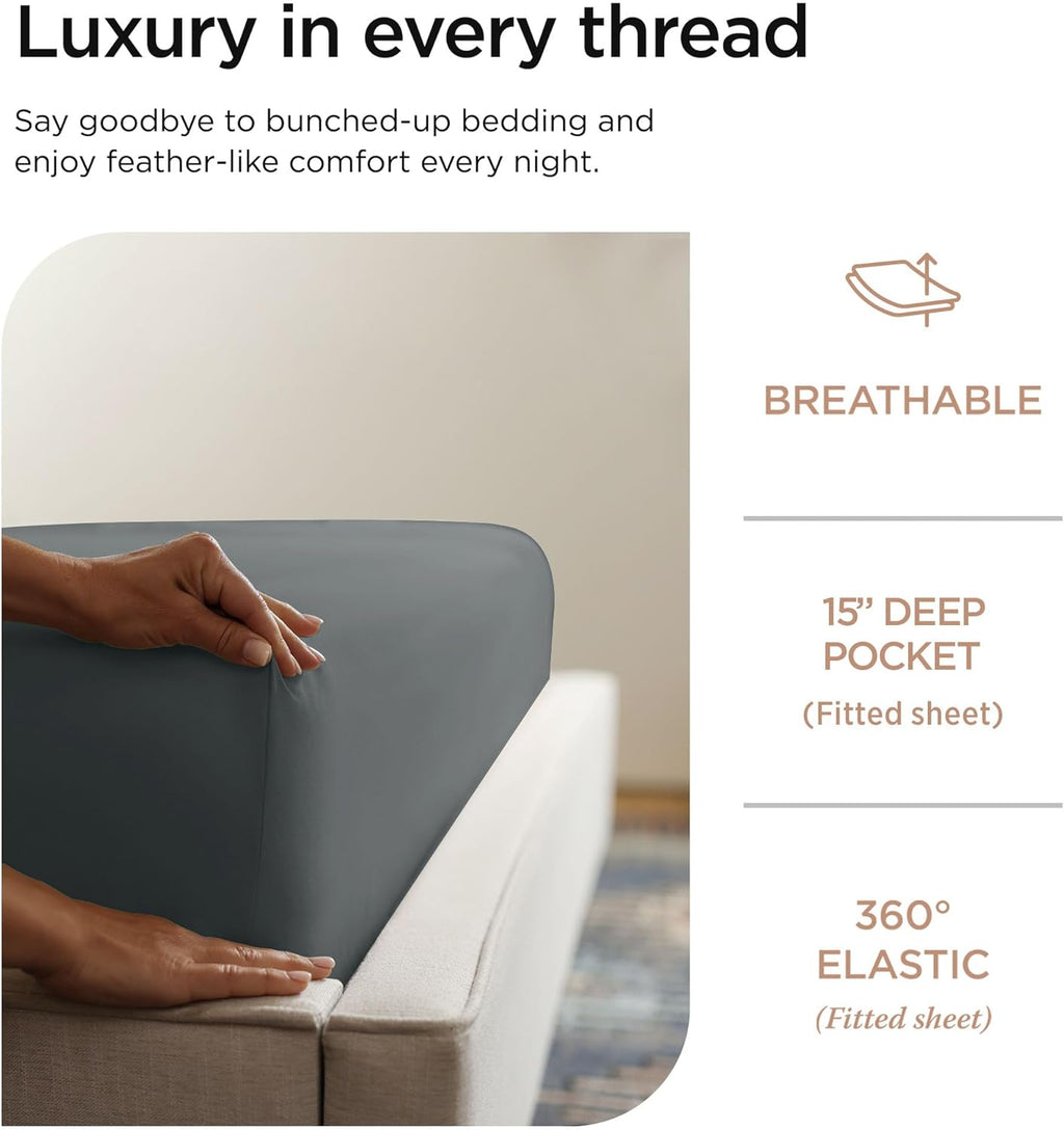 Hotel Quality Luxury 600 Thread Count 100% Cotton Twin Size Sheets, 3 Pc Sateen Weave Dark Grey Sheet Set, Premium Soft Sheets with Elasticized Deep Pocket by Threadmill