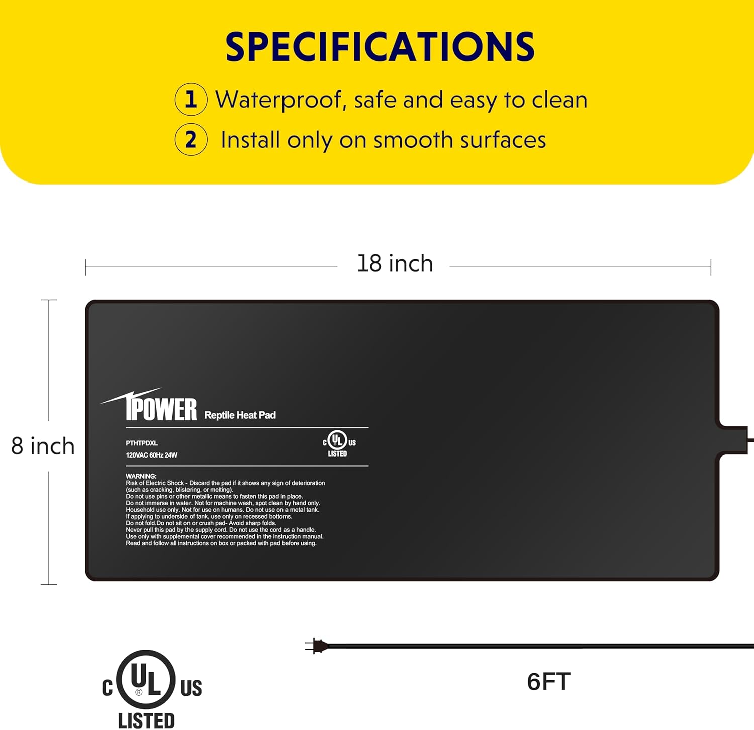 iPower 8x18 Inch Reptile Heat Pad Under Tank Heater, Energy-Efficient & Waterproof Design Terrarium Warmer Mat for Turtles, Lizards, Snakes, 2 Pack