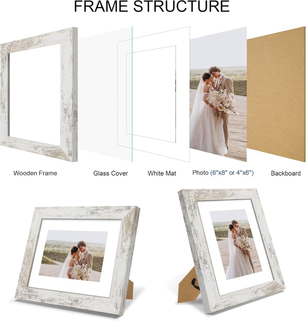 6x8 Picture Frame Set of 4, Made of Real Glass and Distressed White Frame - Display Picture 4x6 with Mat or 6x8 Without Mat, 6 by 8 Photo for Wall or Tabletop