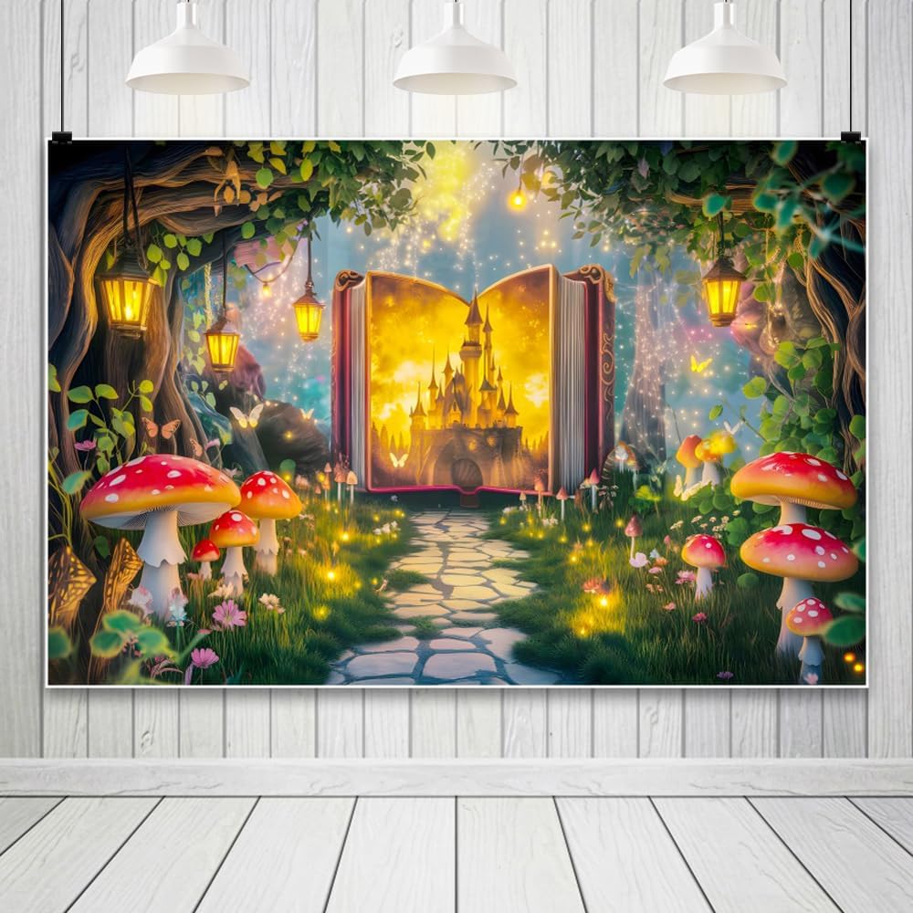 AOFOTO 6x4ft Fairy Tale Castle Books Photography Backdrop Wonderland Tree House Mushroom Butterfly Magic Story Book Background Girls Princess Kids Birthday Party Decoration Photo Banner Props