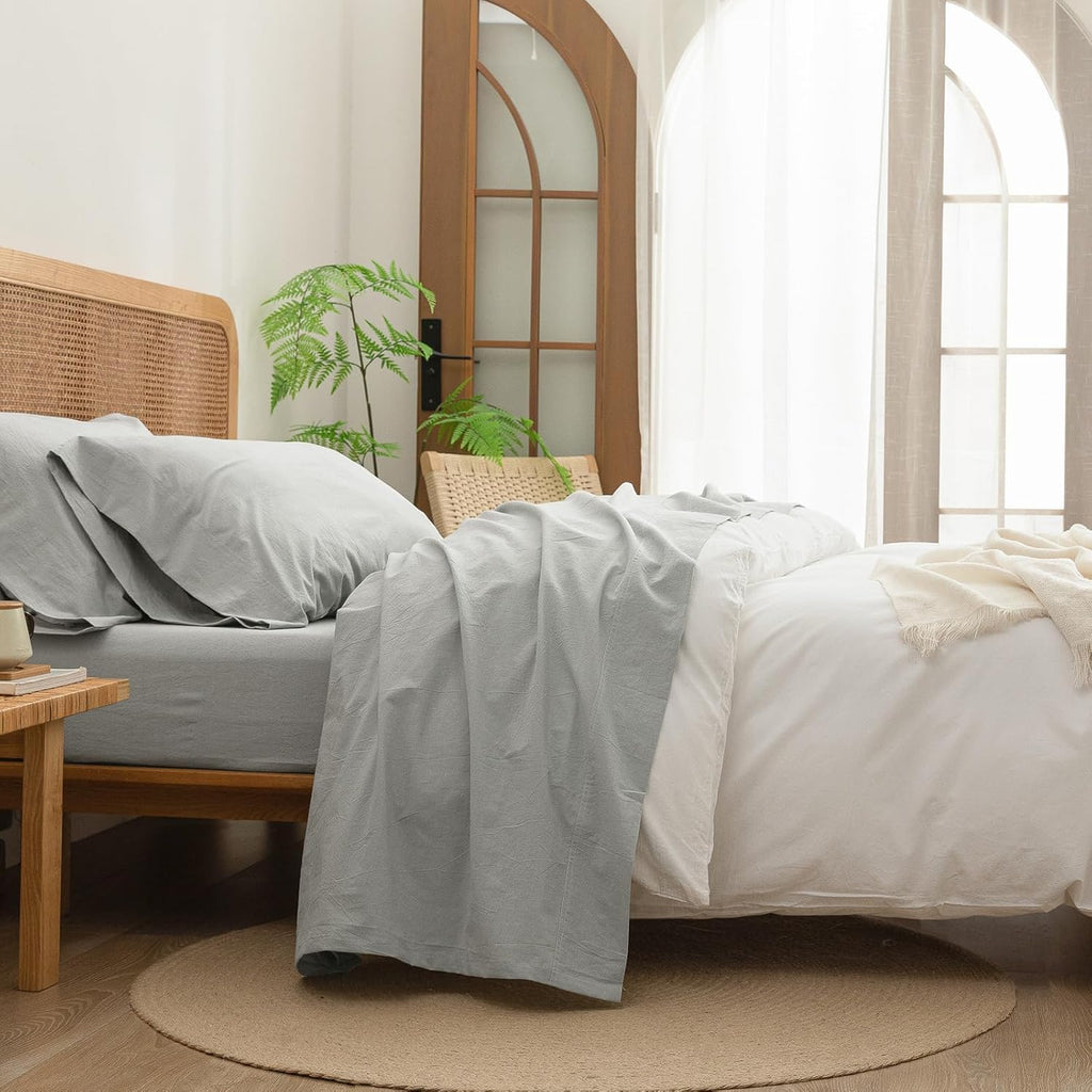 BESTOUCH Sheet Set 100% Washed Cotton Linen Feel Super Soft Comfortable Chic Lightweight 4 Pcs Home Bedding Set Solid Northern Droplet Grey Full