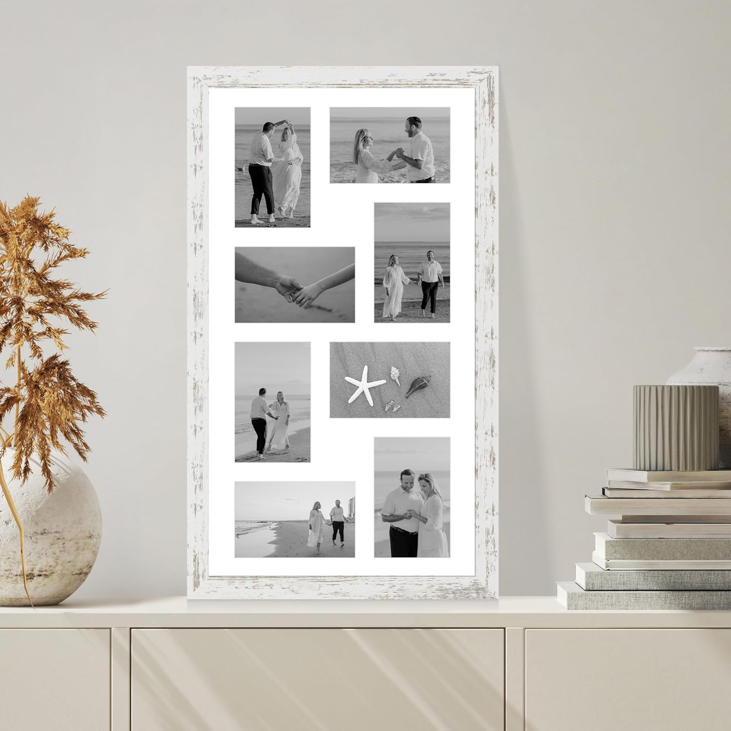 12x22 Picture Frame Set of 2, Distressed White with Glass Collage Frame, Display Eight Opening 4x6 Photos With Mat or 12 x 22 Newspaper Without Mat - Horizontal or Vertical Wall Mounting