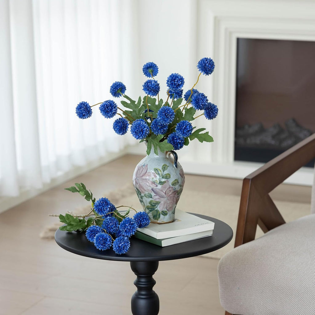 mizii 6Pcs Blue Fake Silk Pompon Mum Artificial Flowers Bulk Small Faux Chrysanthemums with Stems Realistic Floral Decorations for Wedding DIY Bouquet Centerpieces Shower Vase Home Decor (Royal Blue)