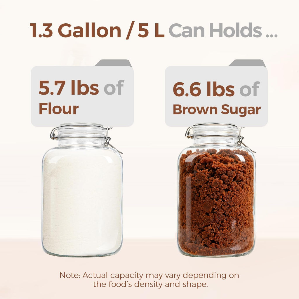 ComSaf Rice Container 5L, Flour Sugar Storage Containers, Glass Jars with Airtight Lid, 1.3 Gallon Mason Jar, Large Storage Containers with Lids for Pickled Egg, Pasta, Cereal, Beans, Set of 2