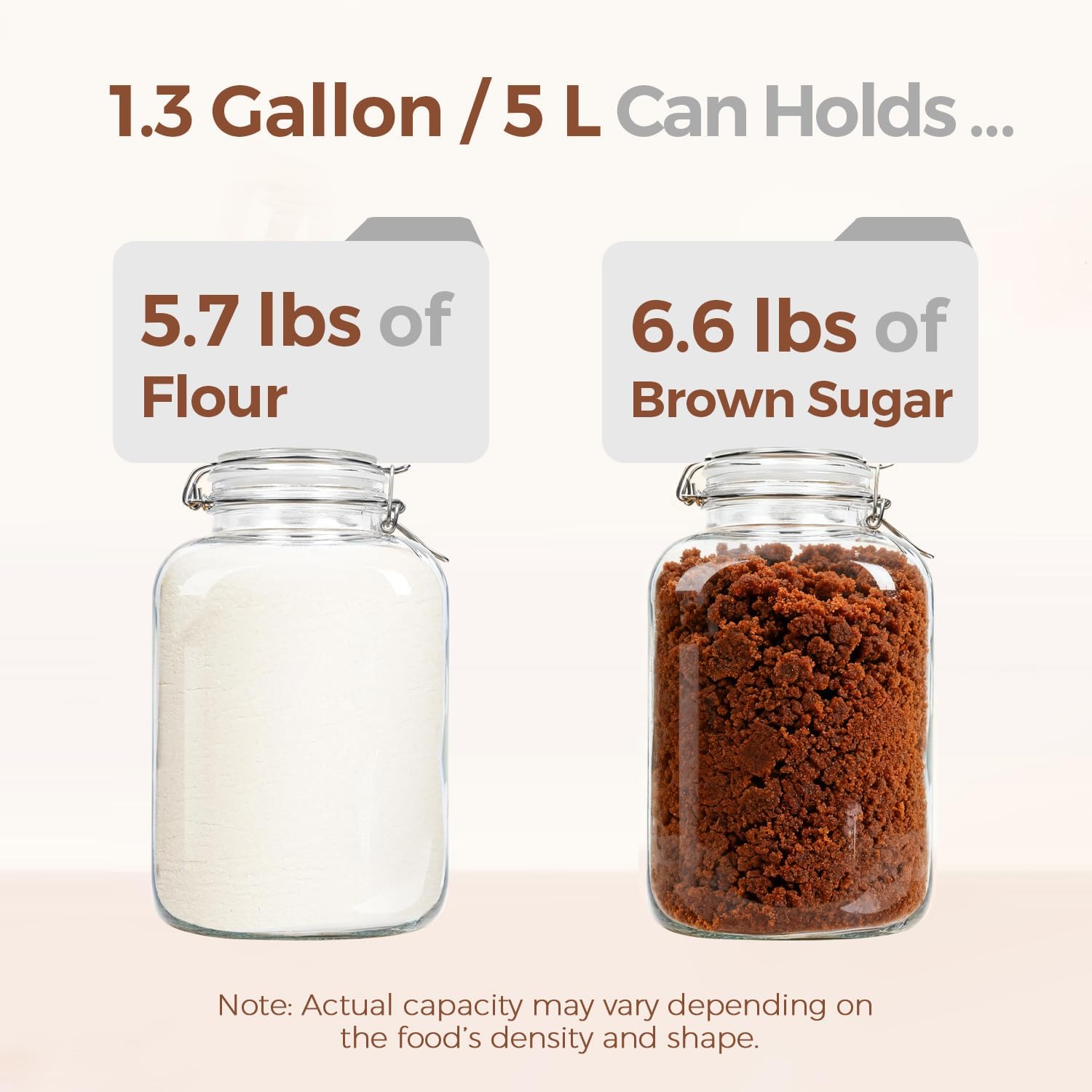 ComSaf Rice Container 5L, Flour Sugar Storage Containers, Glass Jars with Airtight Lid, 1.3 Gallon Mason Jar, Large Storage Containers with Lids for Pickled Egg, Pasta, Cereal, Beans, Set of 2