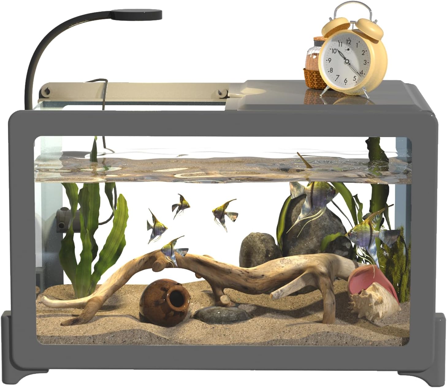 2.6 Gallon Plastic Fish Tank Ultra-Clear Shatterproof Desktop Small Aquarium Filters and Lights Can Be Installed for Betta/Goldfish/Shrimp and Aquatic Planting Fish Bowl (Gray)