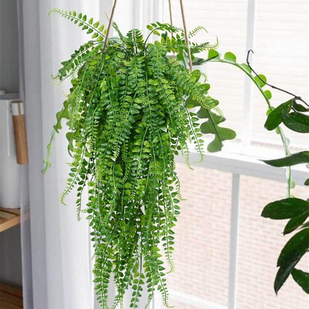 Artificial Hanging Plants 6pack Fake Hanging Ferns Plant Faux Fake Ivy Boston Fern Plant Outdoor UV Resistant Plastic Plants (6, Green)