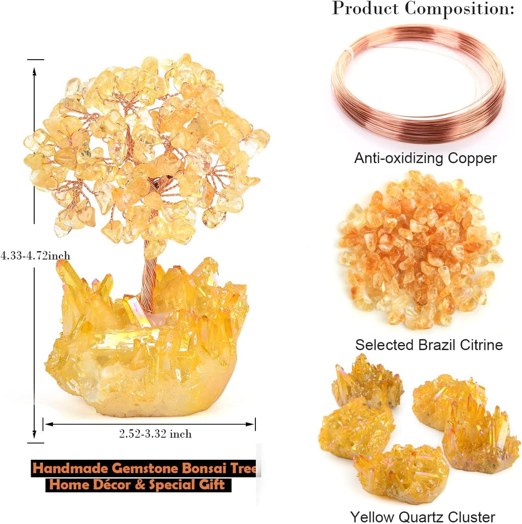 Natural Citrine Crystal Tree of Life,Quartz Cluster Yellow Titanium Base, Positive Energy Feng Shui Bonsai Money Tree Office Desk Home Decor for Wealth and Luck