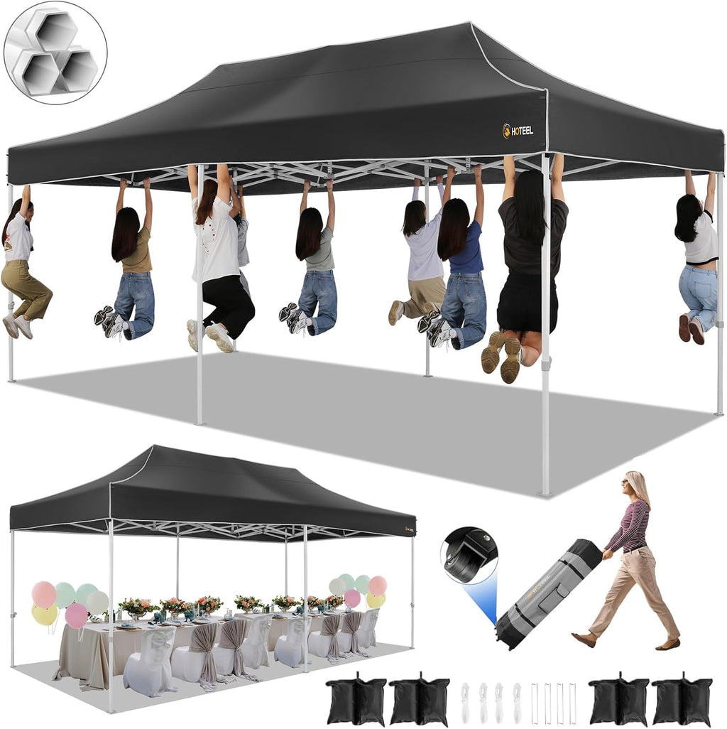 HOTEEL 10x20 Pop up Canopy Tent for Parties, Heavy Duty Easy Setup Tent Without Sidewalls, Outdoor Commercial Instant Gazebo for Wedding Event, with Roller Bag & Sand Bags, Black(Hexagonal Frame)