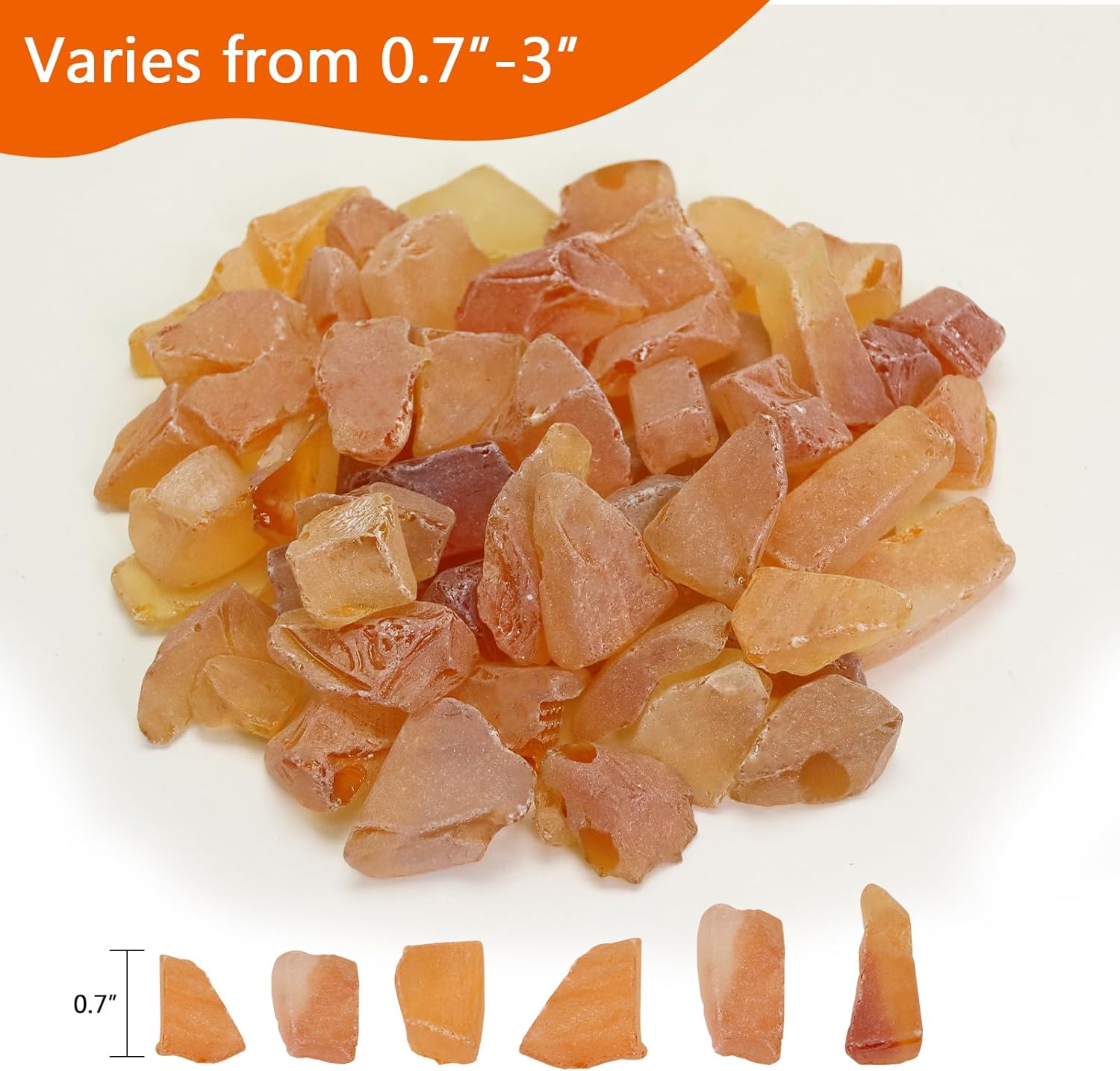 5LB Frosted Sea Glass Vase fillers Crushed Glass, Sea Glass Decor Ideal for DIY Craft, Aquarium Gravels, Home Decor Crushed Sea Glass Pieces for Beach Wedding, 0.7-3 Inch Orange Yellow