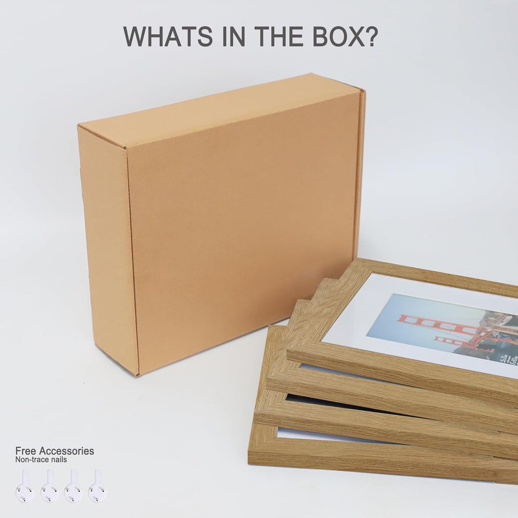 5x7 Picture Frame Set of 4, Made of Real Glass and Natural Oak Wooden Frame, 5 by 7 Photo for Wall or Tabletop - Display Picture 4x6 with Mat or 5x7 Without Mat