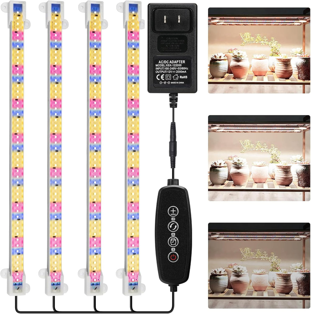 Mosthink Grow Lights Full Spectrum, LED Grow Lights Strips for Indoor Plants,Plant Lights with Auto On Off Timer 3 6 12H,5500K Dimmable Plant Growing Lamp with 204 White Red Blue LEDs, 4 Packs in 1