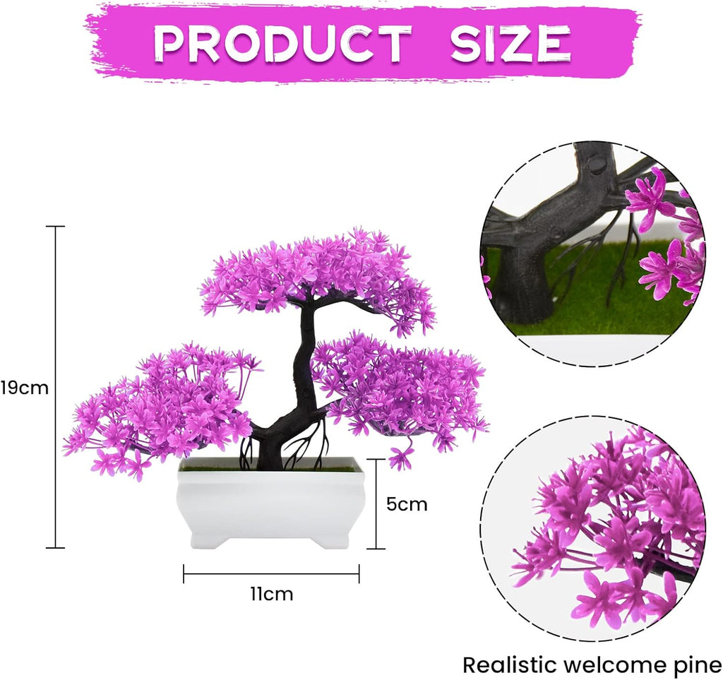 Mini Artificial Bonsai Tree Plants with Plastic Cement Pots for Home Office Décor(Magenta)