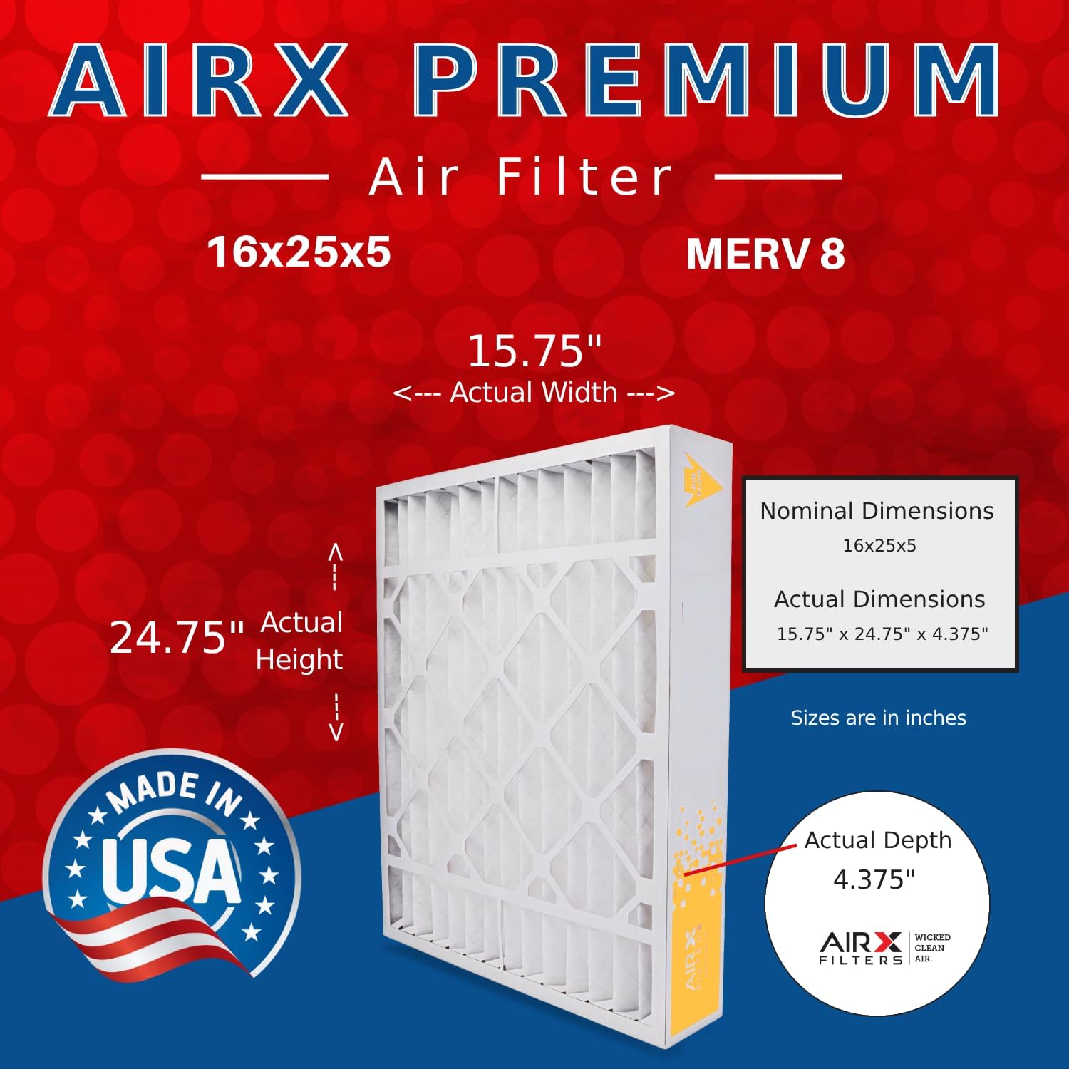 AIRX FILTERS WICKED CLEAN AIR. 16x25x4 Air Filter MERV 8 Compatible with Honeywell FC100A1029 EXPXXFIL0016 Furnace Filter 2 pack