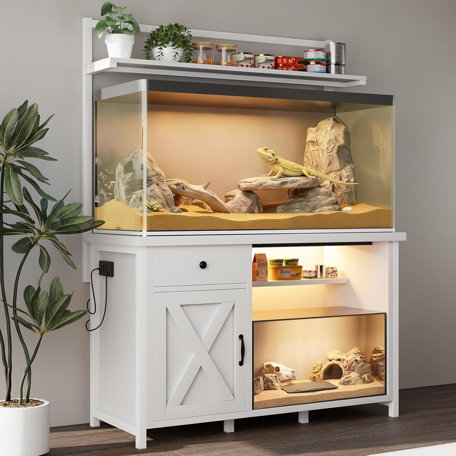 Reptile Tank Stand with Power Outlet, Terrarium Stand with Storage Cabinet, 49" X 20" Tabletop, Aquarium Stand with LED Lights, Reptile Terrarium,Turtle Tank, 1100LBS, White