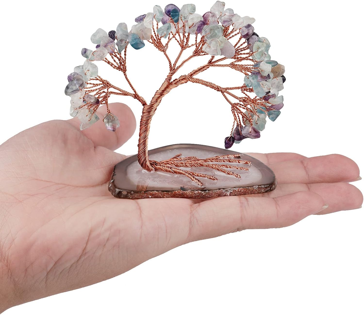 mookaitedecor Natural Fluorite Crystal Money Tree Agate Slice Base Feng Shui Bonsai Crystal Tree for Wealth Luck Desk Decor, 3-4 Inch High