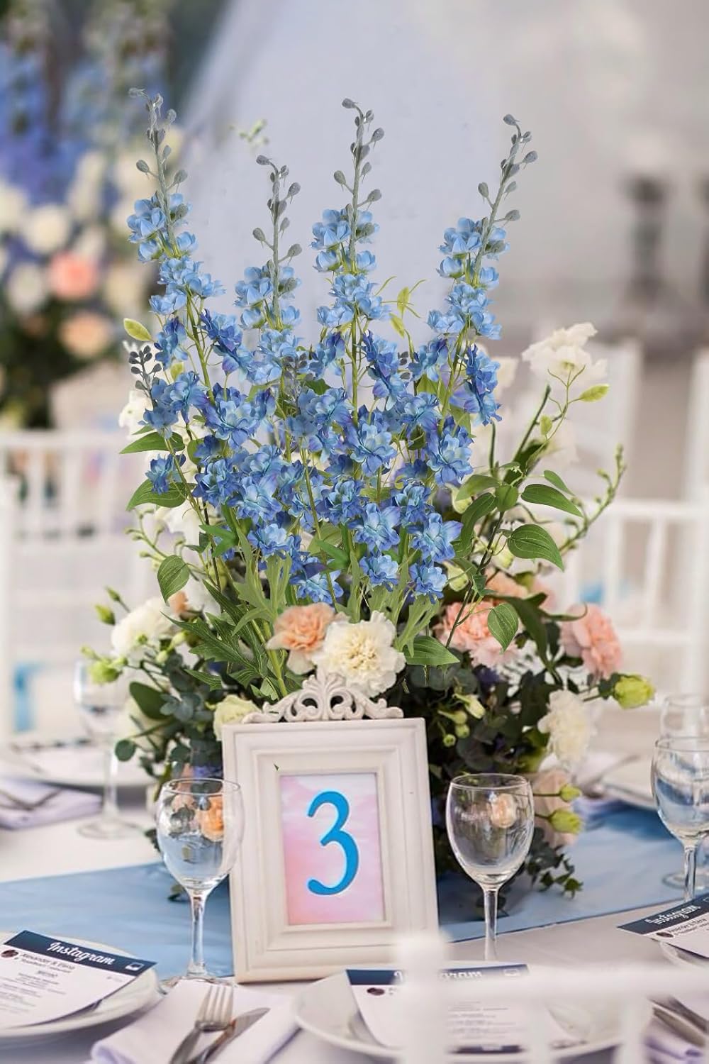 IPOPU Blue Silk Flowers - 9PCS Artificial Flowers Combo: Blue Delphinium, Clematis Greenery, 33.5" Long Stem for Tall Vase, Bluebonnet Decor, Floral Centerpiece, Bridal Bouquets for Wedding