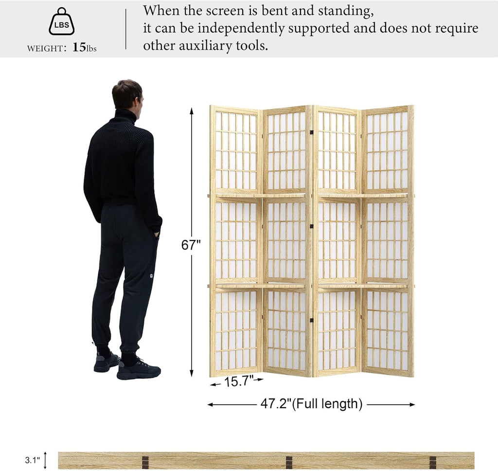 Room Divider with Shelves, 66.9-Inch Tall Japanese Shoji Style Wood Screen with Double Hinges for Home Office Bedroom Hotel Decoration (4 Panels, Natural)