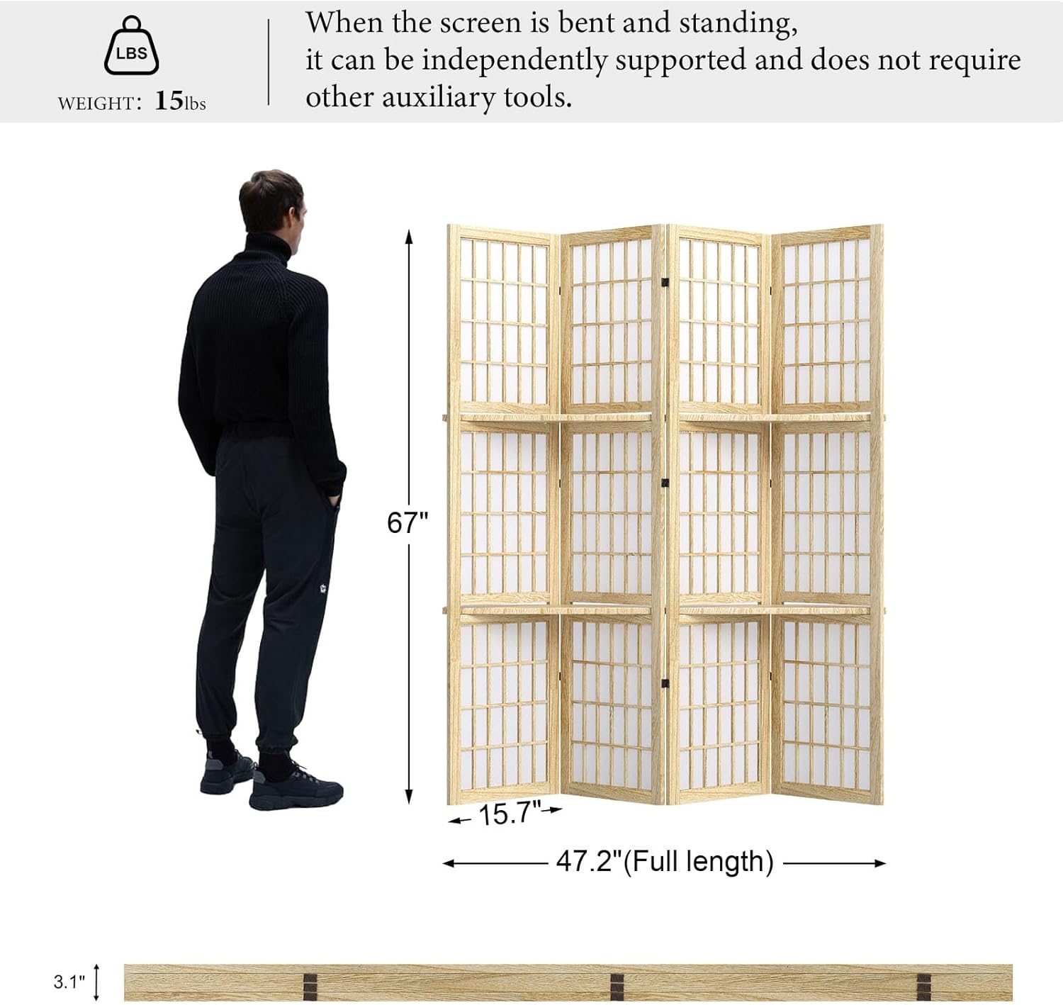 Room Divider with Shelves, 66.9-Inch Tall Japanese Shoji Style Wood Screen with Double Hinges for Home Office Bedroom Hotel Decoration (4 Panels, Natural)
