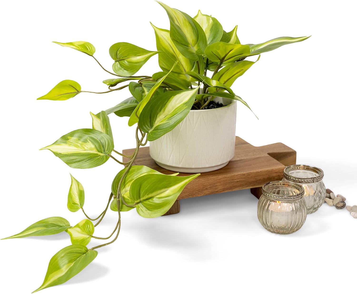 Kurrajong Farmhouse Light Green Fake pothos Plant | Fake Plant for Shelf Decor | Artificial Trailing Ivy Plant with 5" Wide x 3.5" high Ceramic Pot | Faux pothos | Feaux Pothos