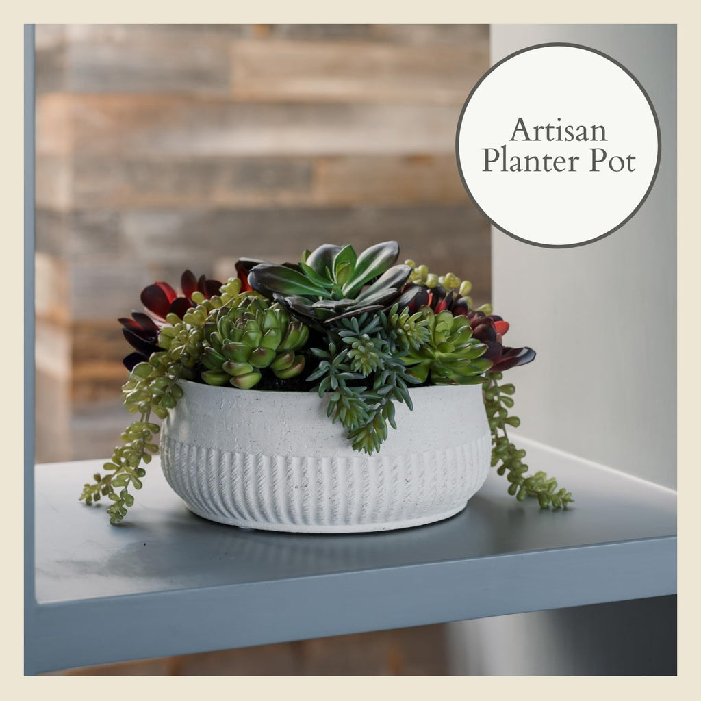 Round Faux Succulent Arrangement, 12" Premium Artificial Indoor Plant Enhances Interior Design, Display on any Surface in Your Home Adding an Inviting Touch of Nature, White Planter Pot Included