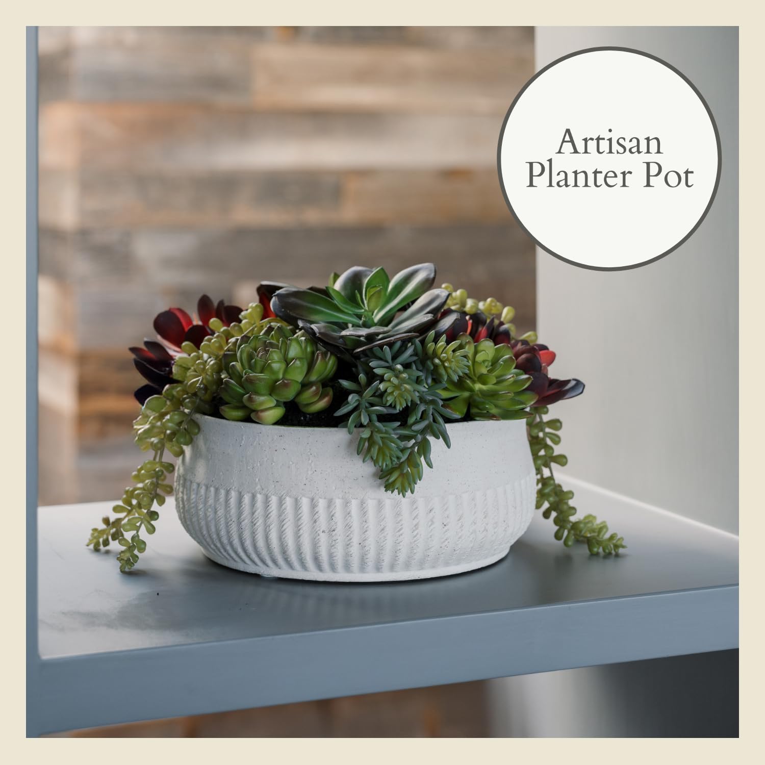 Round Faux Succulent Arrangement, 12" Premium Artificial Indoor Plant Enhances Interior Design, Display on any Surface in Your Home Adding an Inviting Touch of Nature, White Planter Pot Included