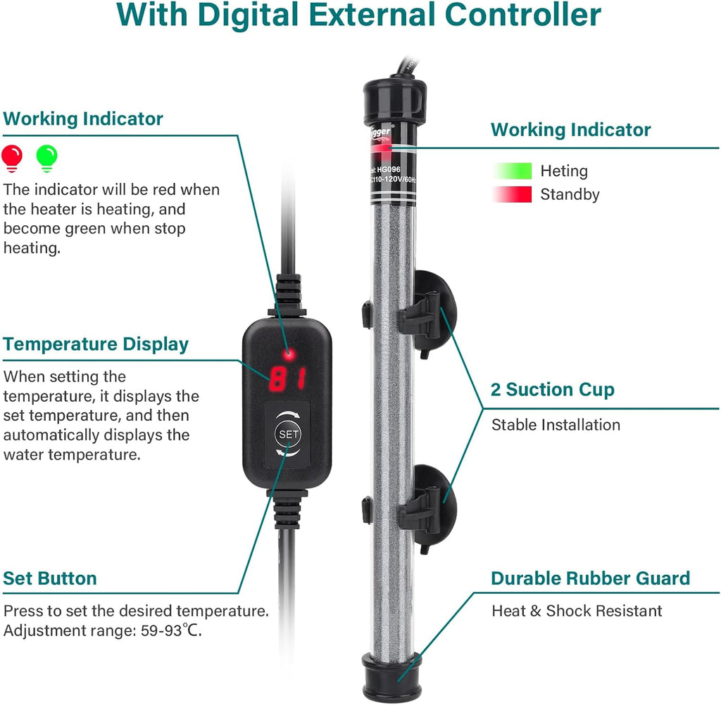 hygger Submersible Aquarium Heater, 100W 150W 200W 300W Adjustable Fish Tahk Heater with Temperature Controller, LED Display, Small Aquarium Betta Heater for up to 20/26/40/48 Gallons