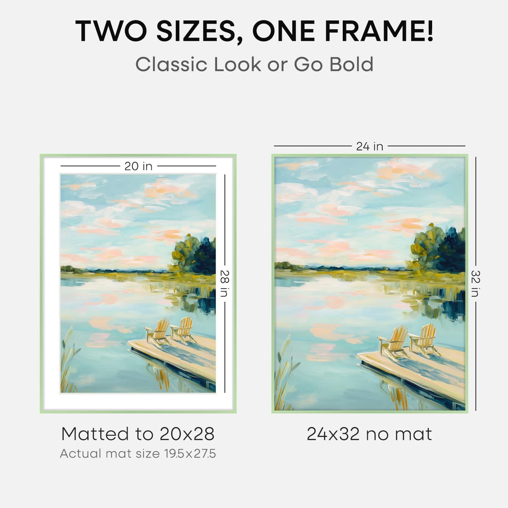 Homeforia 24x32 Sage Green Picture Frame, High End Metal 24x32 Poster Frames with Mat 20x28 inch Photo, 24 x 32 Thin Frame Matted to 20 x 28 Art, 32x24 Large Frames, Tempered Glass, Wall Kit, Set of 1