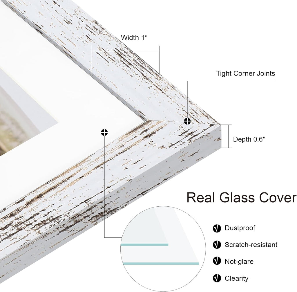 8.5x11 Picture Frame Set of 2, Distressed White Certificate Document Frames with Glass Collage Frame, Display Pictures Two 5x7 With Mat or 8.5 x 11 Without Mat, Photo Frames Wall Gallery