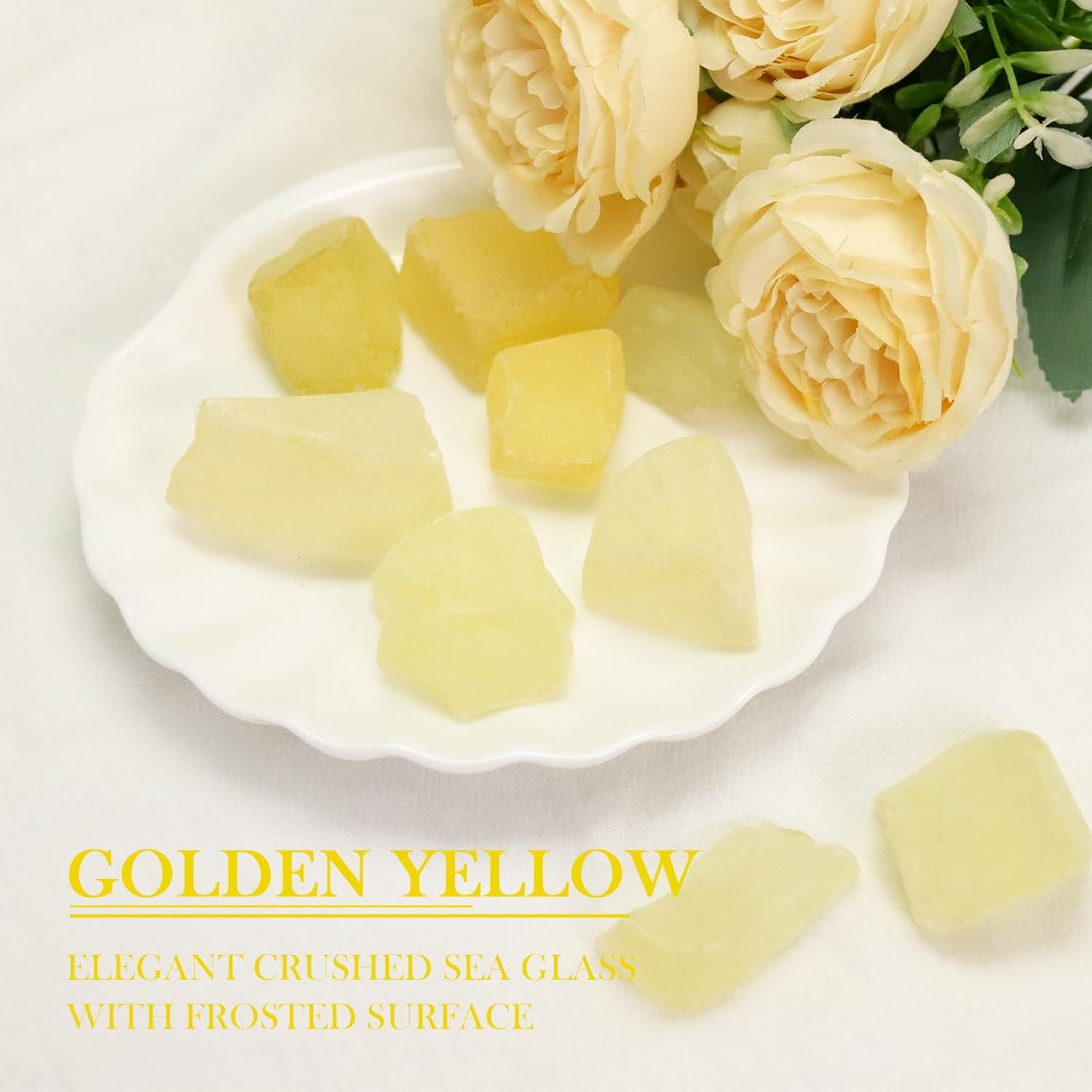 5LB Frosted Sea Glass Vase Fillers, Crushed Glass Pieces, Ideal for DIY Craft, Aquarium Gravels, Home Decor, Beach Wedding, 0.7-3 Inch Golden Yellow