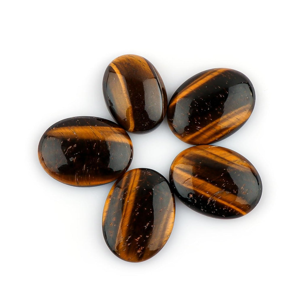CRYSTALIS Wholesale 5pcs Natural Tiger-Eye Loose Gemstone Bulk Cabochons Jewelry Making Supply, Chakra Healing Polished Stones, Wire Wrapping, DIY, Gem Collection, Oval-Shape