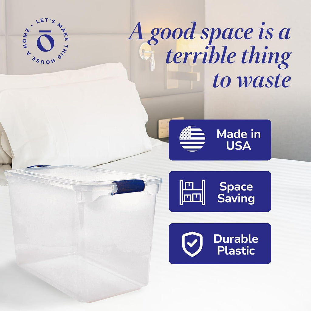 HOMZ 2-Pack Latching Lid, Clear Plastic Storage Organizer Bins, 112 Quart, Blue Latch - Stackable Organizing Containers for Home, Garage, and Office