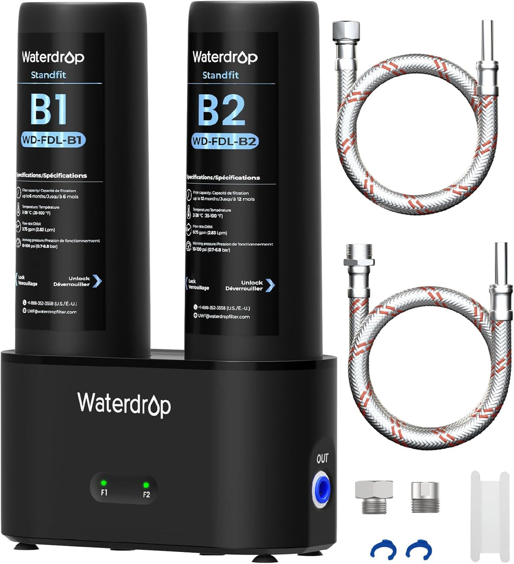 Waterdrop DLA Under Sink Water Filter, No Drilling Required, Reduces Chlorine, PFOA/PFOS, Bad Taste/Odor, Under Sink Water Filtration System, 11000 Gallons, Life Indicator, 2 Stage, Quick Change