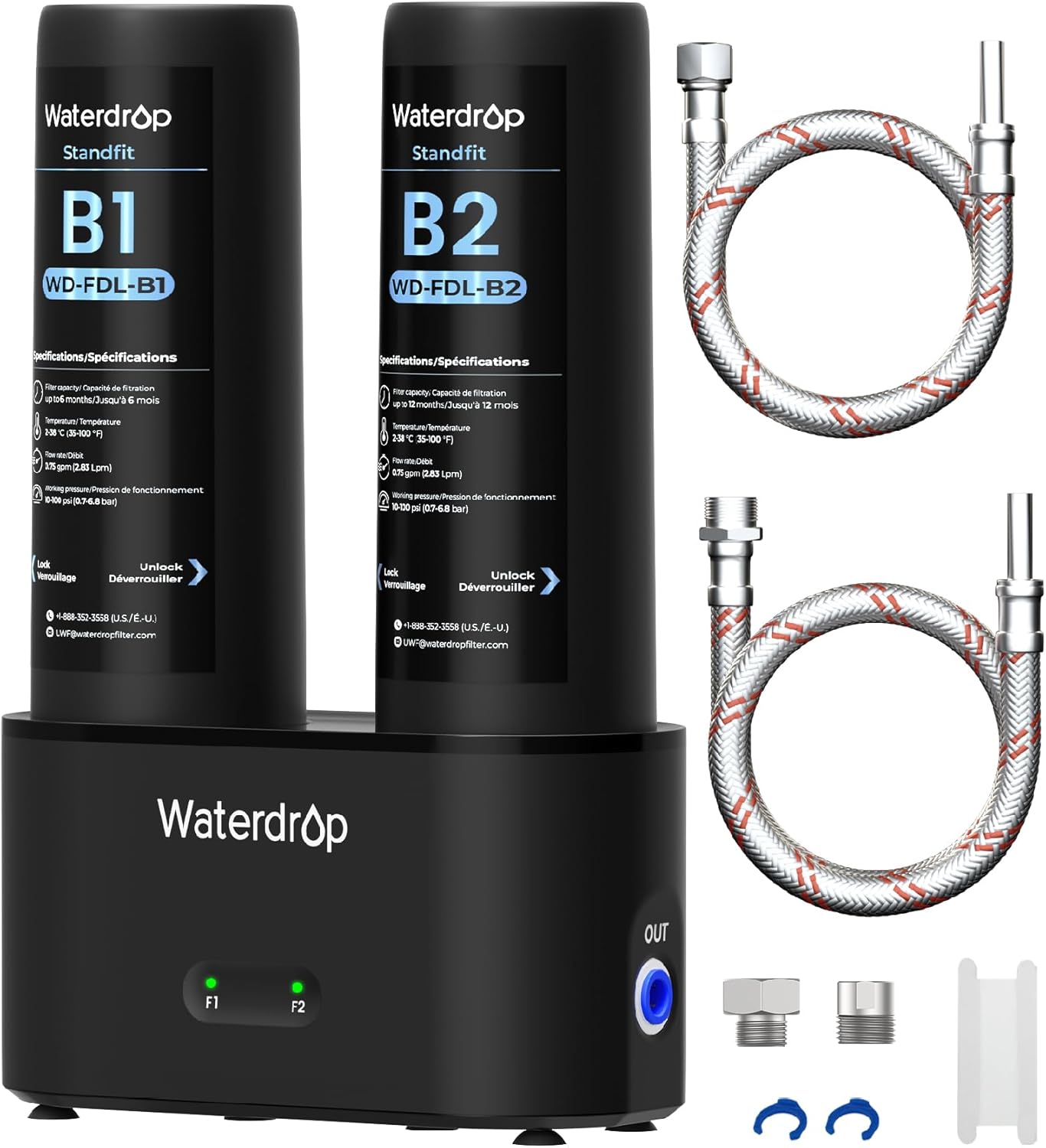Waterdrop DLA Under Sink Water Filter, No Drilling Required, Reduces Chlorine, PFOA/PFOS, Bad Taste/Odor, Under Sink Water Filtration System, 11000 Gallons, Life Indicator, 2 Stage, Quick Change