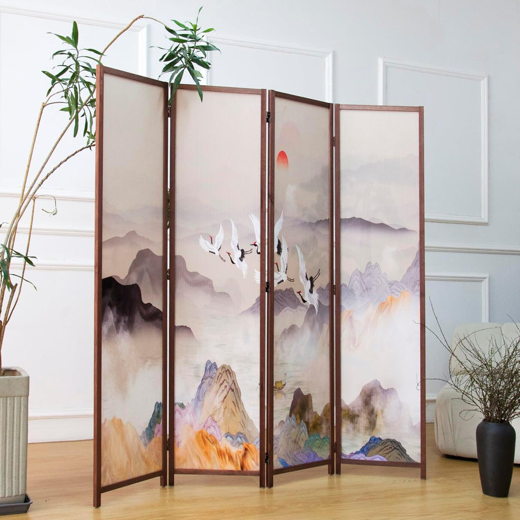 4 Panel Room Divider Screen,Double Faced Panel Divider Folding Screen Divider for Room Separation,Colorful Landscape,67" H x 63" W