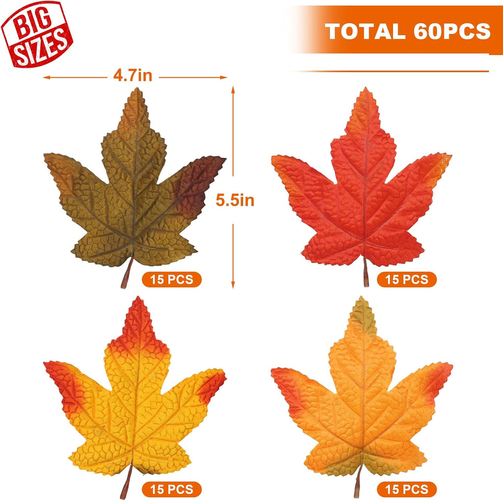60PCS 4Kinds Fall Artificial Maple Leaves Large Size Autumn Leaf Faux Fall Maple Leaves Thanksgiving Autumn Leaf Home Office Wedding Party Table Decors