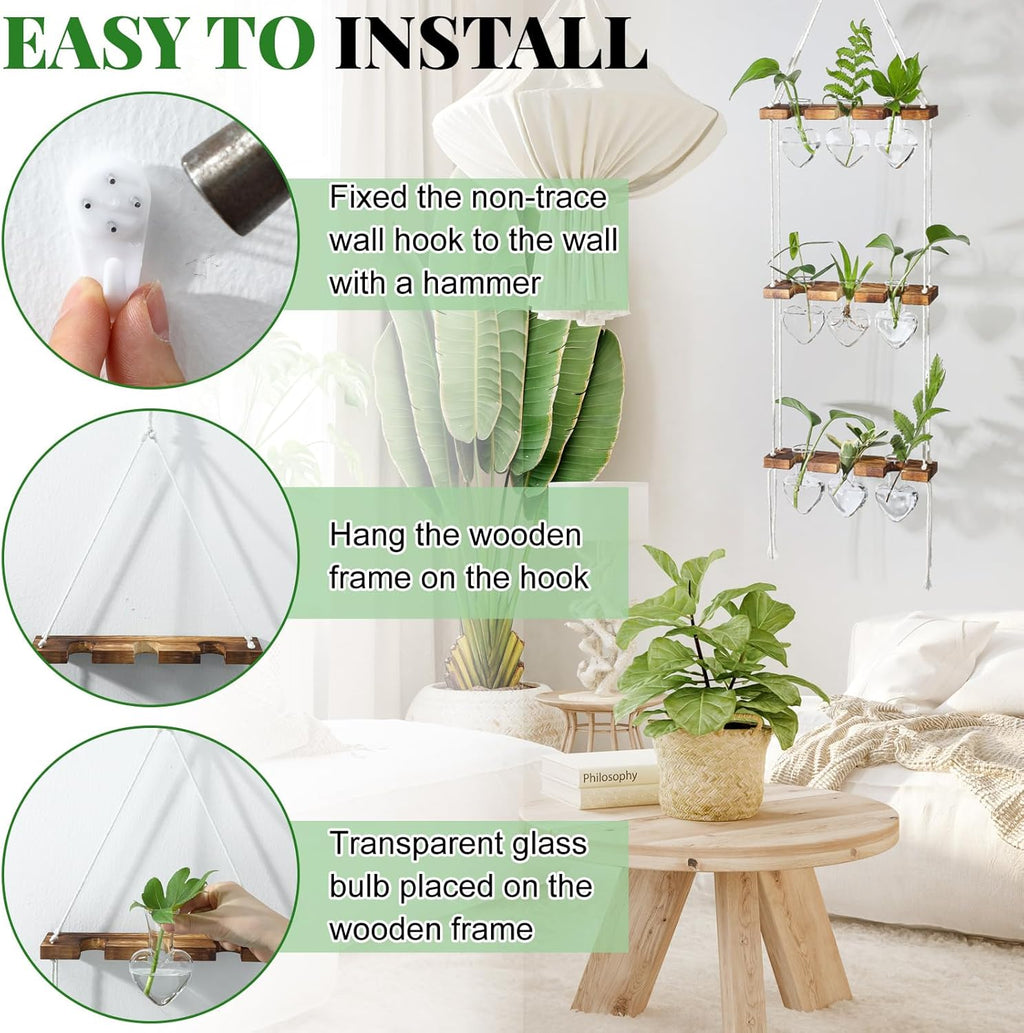 Leinuosen Plant Hanging Propagation Station Wall Hanging Planters Terrarium with 3 Tiered Wooden Stands for Home Garden Decor Hydroponics Plant Lovers Gifts- 9 Glass Vases(Heart Shaped,Clear)