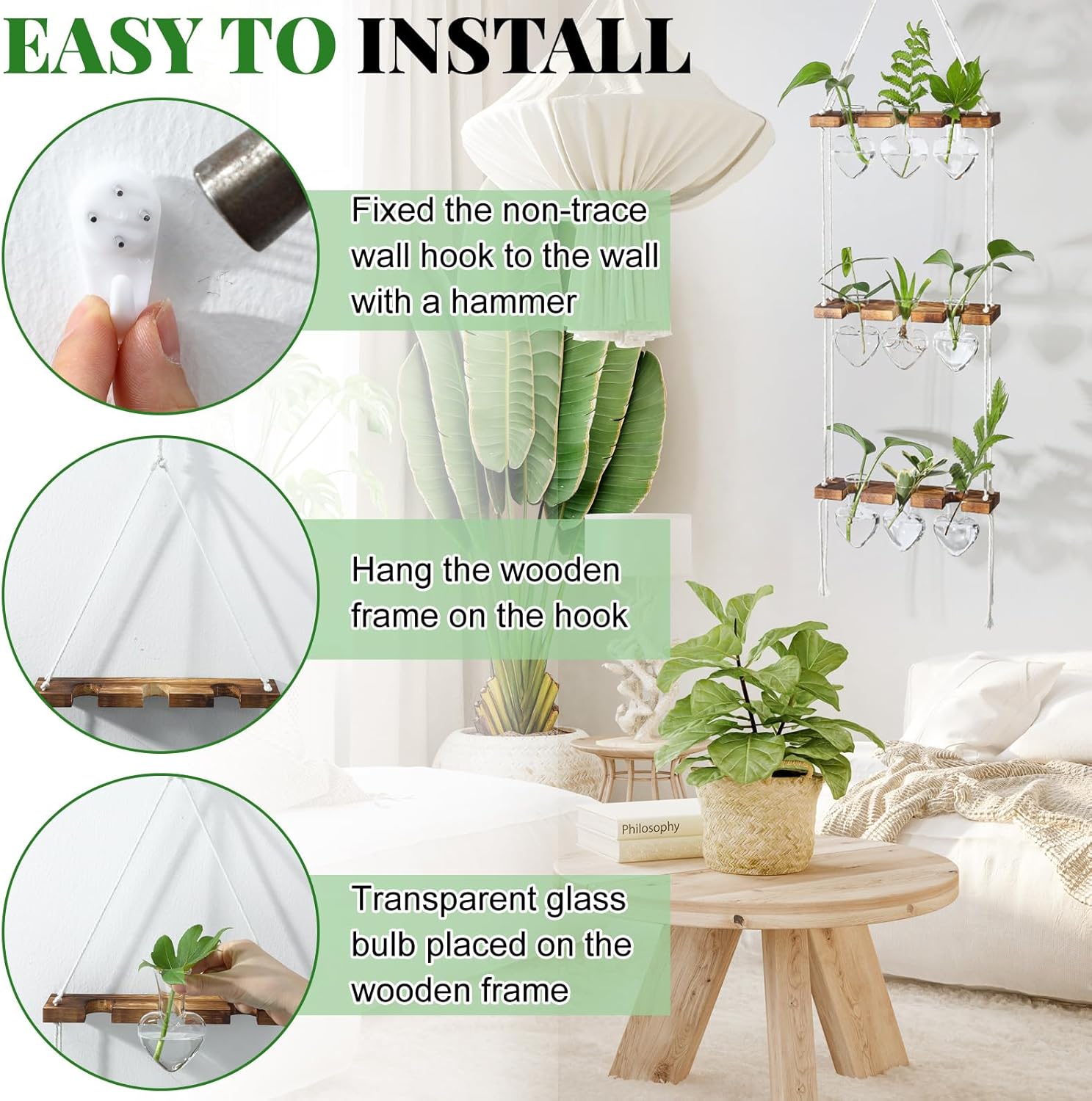 Leinuosen Plant Hanging Propagation Station Wall Hanging Planters Terrarium with 3 Tiered Wooden Stands for Home Garden Decor Hydroponics Plant Lovers Gifts- 9 Glass Vases(Heart Shaped,Clear)