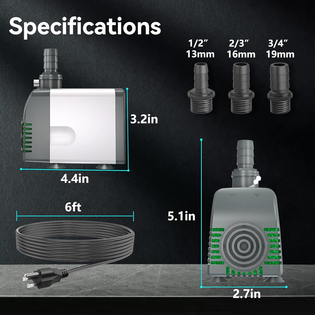 Submersible Water Pump - 800GPH 45W Pond Pumps Ultra-Quiet with Auto Shut-Off & Adjustable Flow Rate for Fountains, Hydroponics, Ponds, Aquariums, and More