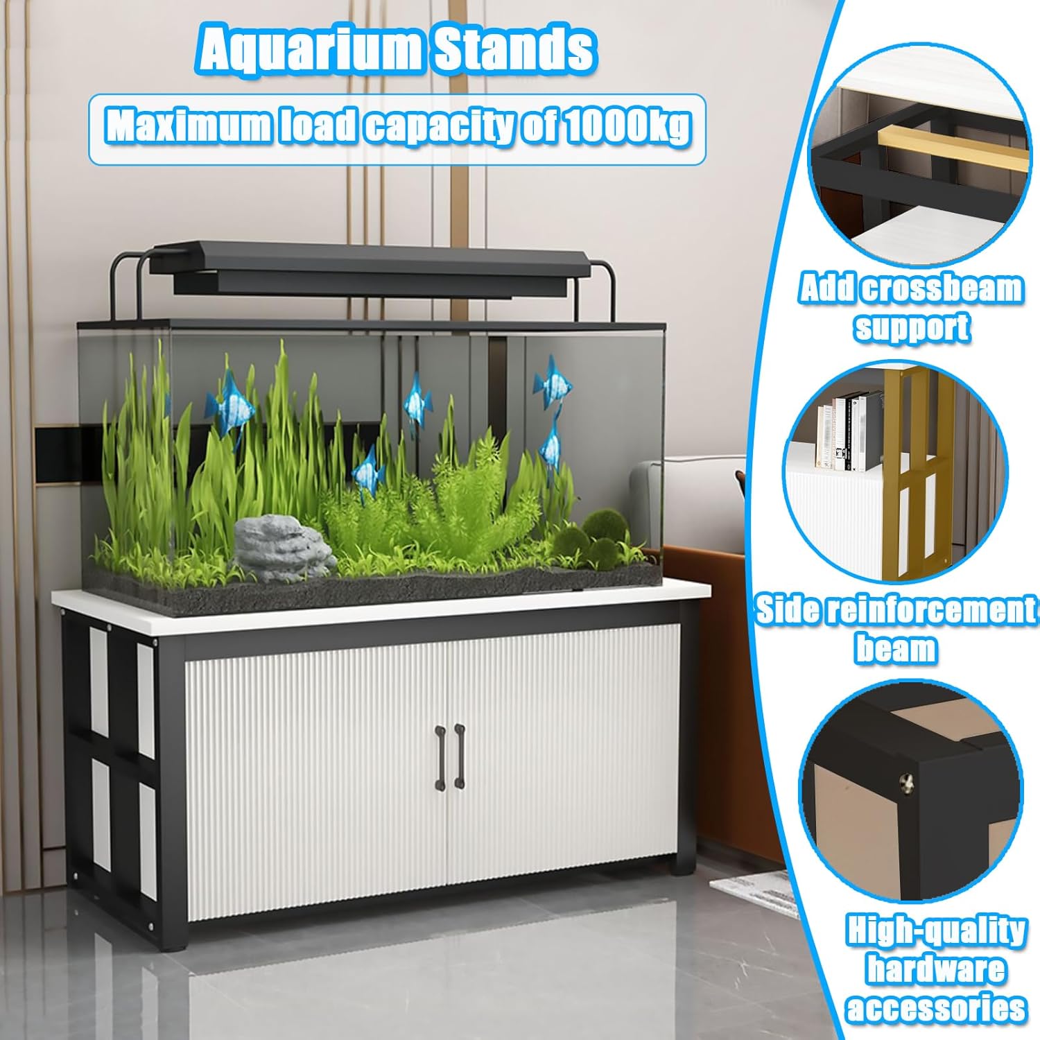 5-75 Gallon Aquarium Stands, 3 Tier Metal Frame Fish Tank Stand with Cabinet Storage, Reptile Tank Stand for Home Living Room Bedroom Office, 2200LBS Capacity (black+white, L39.4″*W19.7″*H23.6″)