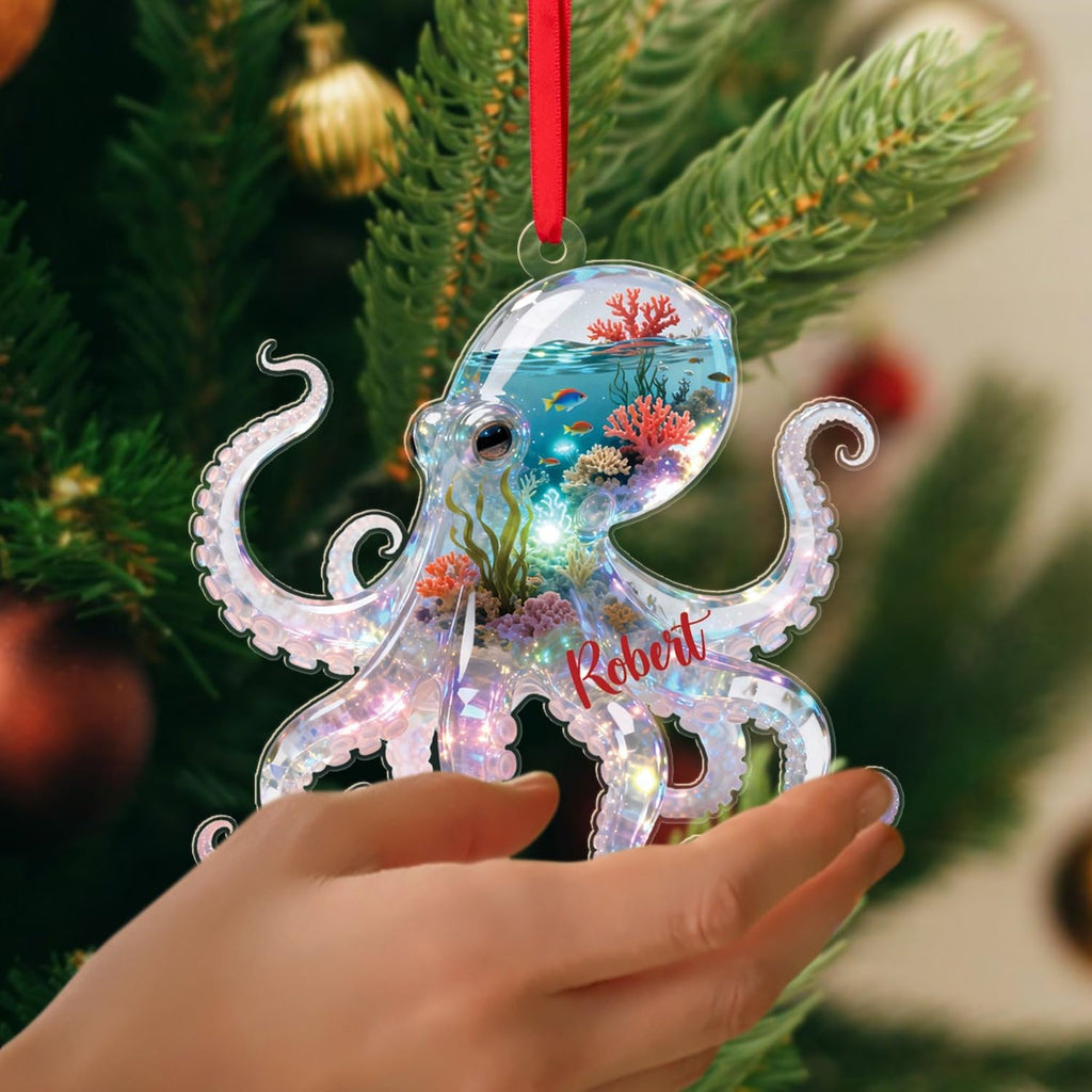 Octopus Sea Animal Shaped Ornament, Personalized Octopus Lover Acrylic Ornament, Ocean Themed Keepsake, Gift for Sea Animal Lover, Merry Christmas Ornaments 2025 with Custom Name Octopuses